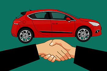 A drawing of a red car, and of 2 hands shaking as in making a deal