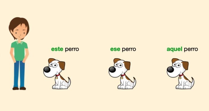 Spanish demonstrative adjectives for the 3 distances, using a dog as an example