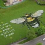 La abeja pintada en el césped