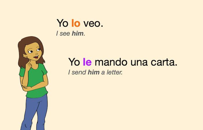 Two sentences with object pronouns ("lo" is direct, "le" is indirect)