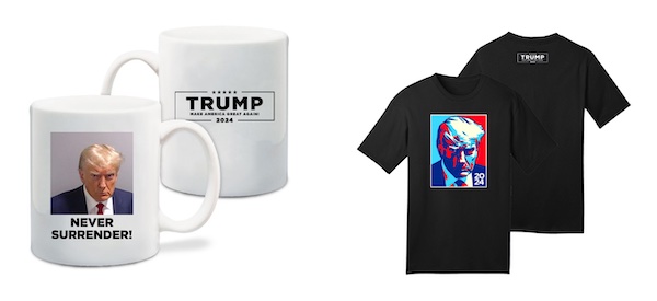 Una taza y una camiseta con la foto policial de Trump