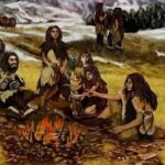 Ilustración que muestra un grupo de neandertales alrededor de una hoguera.