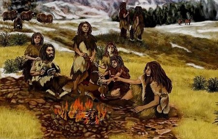 Ilustración que muestra un grupo de neandertales alrededor de una hoguera.