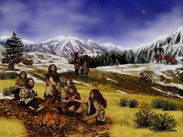 Ilustración que muestra un grupo de neandertales alrededor de una hoguera.